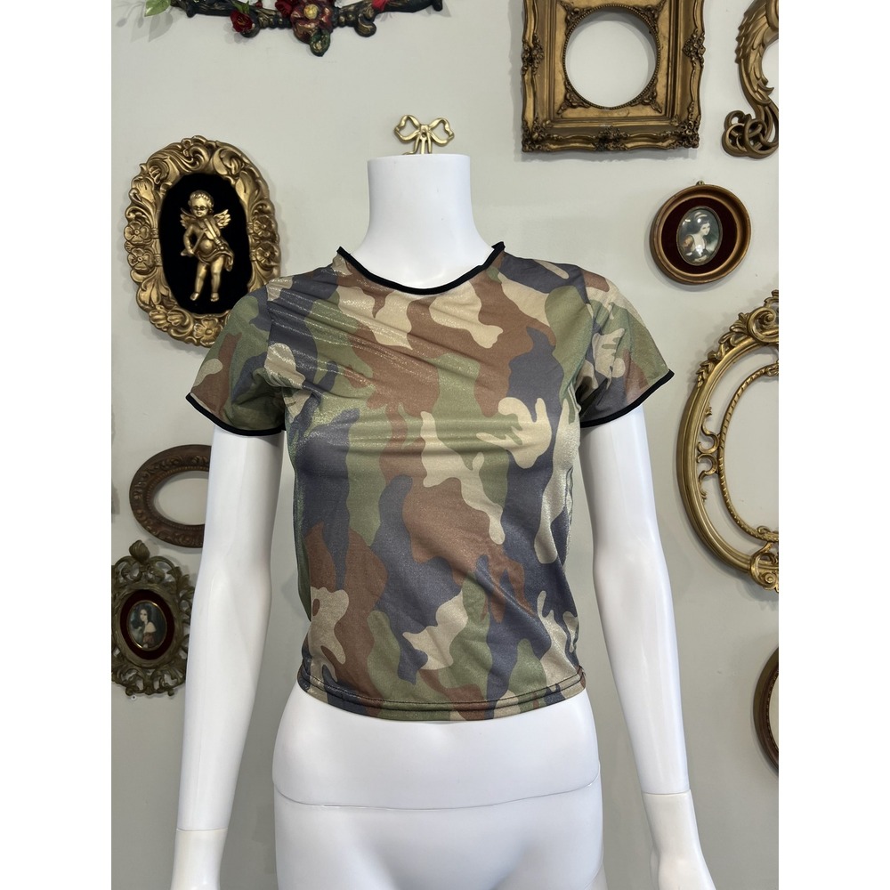 Vintage Cheryl Creations Camo Shimmer Short Sleeve Crop Baby Tee Size Large USA